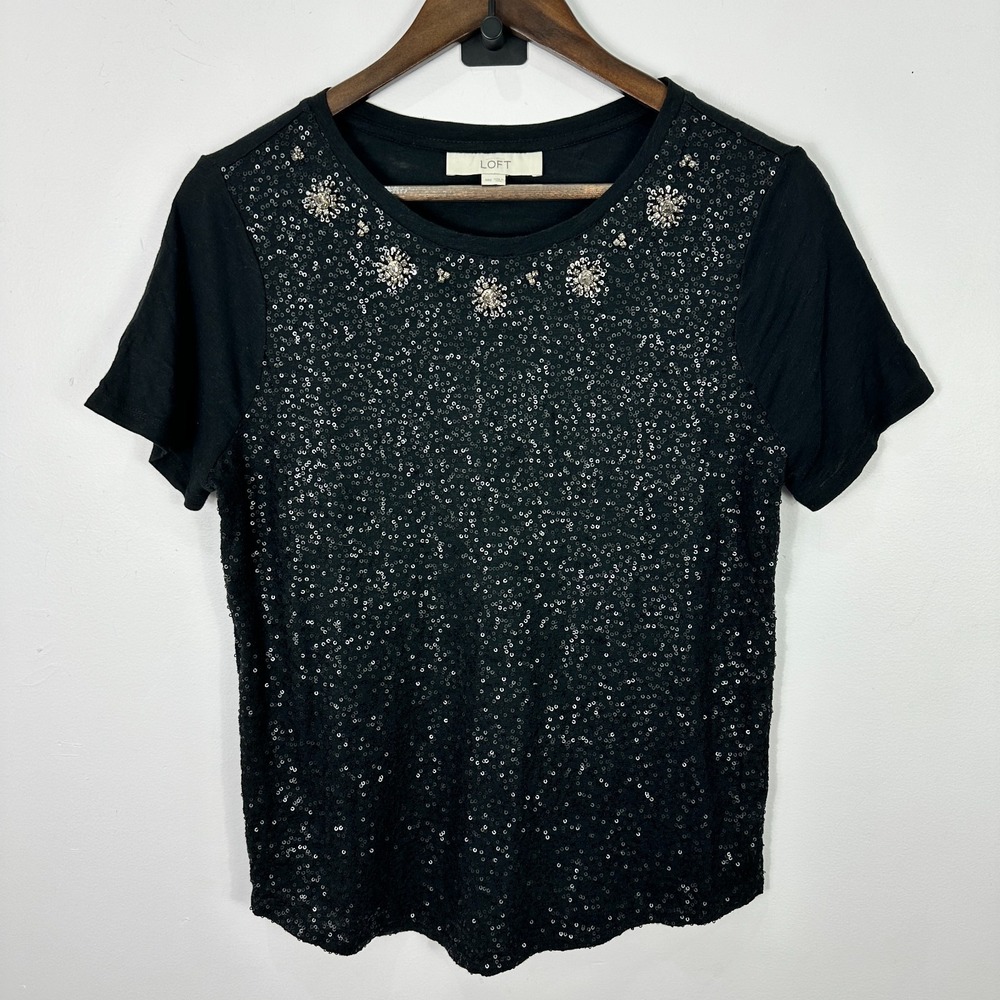 Ann‎ Taylor Loft M Black Sequin Beaded Embellished Blouse Cocktail Glam Party